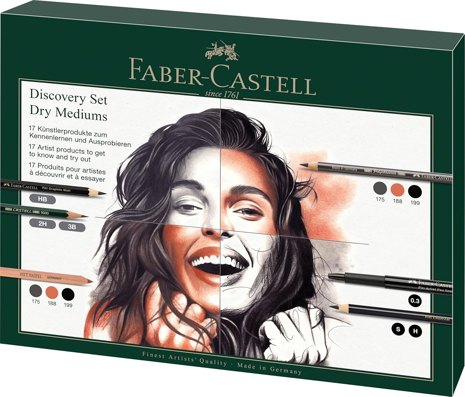 Faber-Castell Discovery Set Dry Art, 17 Piece Set, Gift, Artist Supplies, Coloured Pencils, Pastel Pencils, Charcoal, Graphite, Fineliner Pen, Erasers, Complete Artist Set For Home, School, Art Studio
