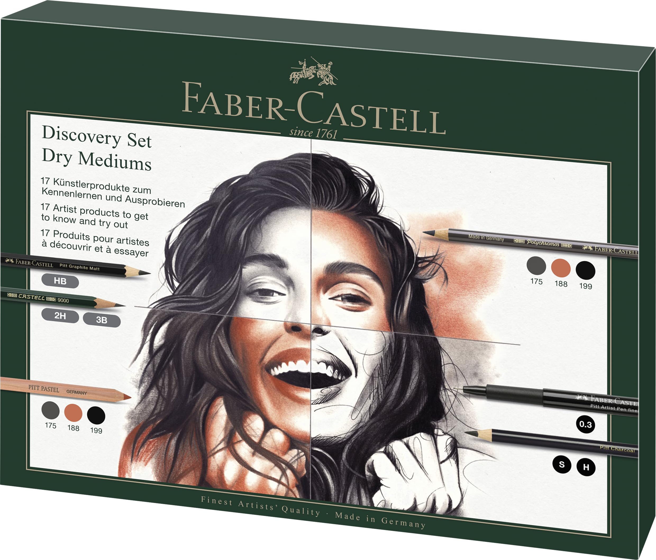 Faber-Castell Discovery Set Dry Art, 17 Piece Set, Gift, Artist Supplies, Coloured Pencils, Pastel Pencils, Charcoal, Graphite, Fineliner Pen, Erasers, Complete Artist Set For Home, School, Art Studio - Image 2