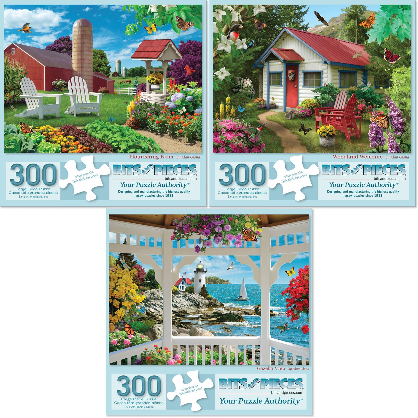 Bits and Pieces - Value Set of Three (3) - 300 Piece Jigsaw Puzzles for Adults - Large Piece 300 pc Colorful Nature Jigsaws Bundle by Artist Alan Giana - 18" x 24"