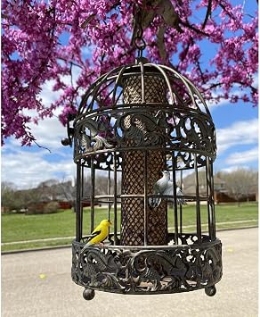 Westcharm Squirrel Proof Caged Bird Feeder for Outside Outdoor 13 in. Hanging Metal Bird Feeder, Unique Tall Rustic Mesh Tube Feeder for Garden - Verdigris with 3.5 Cups Seed Capacity