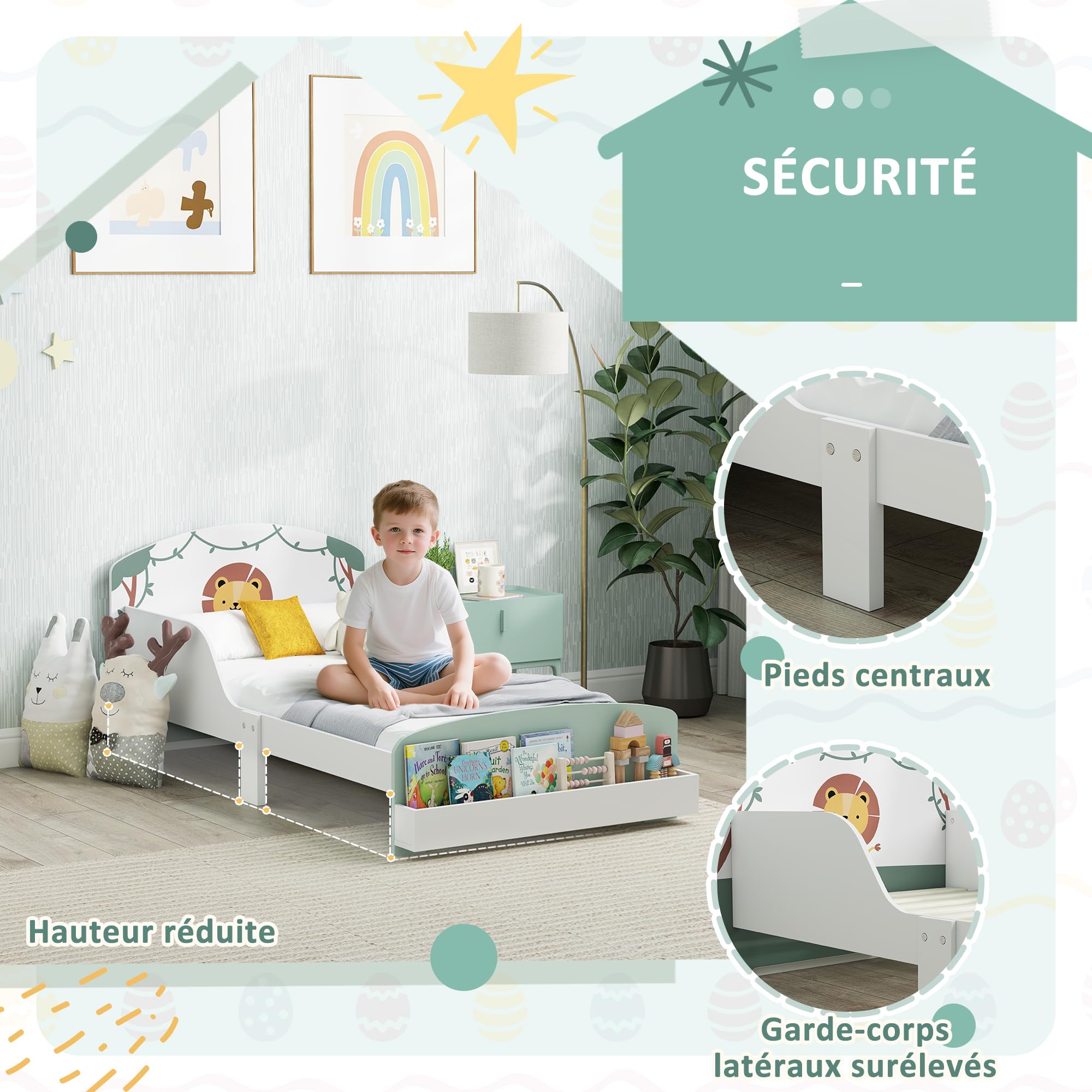 AIYAPLAY Lit Enfant 70x140cm, Lit pour Enfant avec Barrière de Sécurité et Sommier à Lattes en Bois, Espace de Rangement, Motif de Lion, pour Garçons et Filles de 3 à 8 Ans, Vert (Matelas Non Inclus)