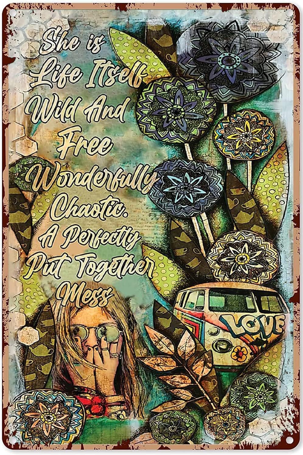 Acdoet Tin-12 Hippie Signs For Wall Decor Hippy Signs For Wall Decor Hippy Decorations For Bedroom Hippie She Is Life Itself Wild And Free Poster Hippie Posters For Room,Aluminum Sign 8X12 Inch