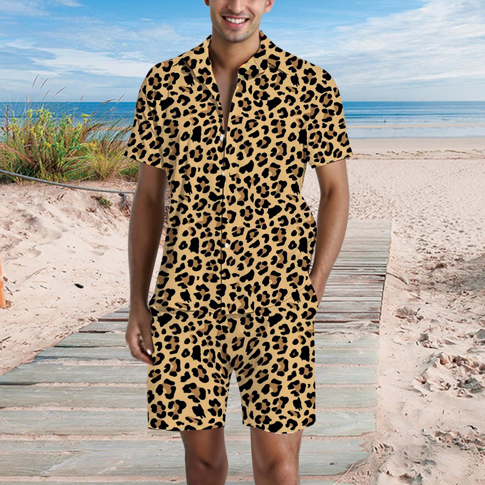 Générique Ensemble imprimé léopard Chemise hawaïenne pour homme Coupe ajustée Pantalon court avec cordon de serrage Short de plage T-shirt et short Ensemble costume