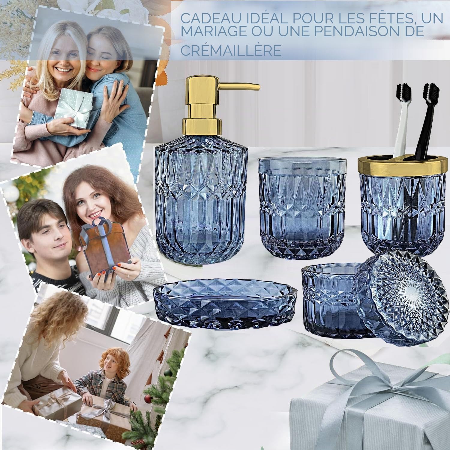 Lot de 5 Accessoires Salle de Bain en Verre - Decoration Salle de Bain avec Distributeur Savon, Porte Brosse à Dents,Tasse en Verre, Pot à Cotons-tiges et Porte-Savon, Gobelet, Cadeau de Luxe, Bleu