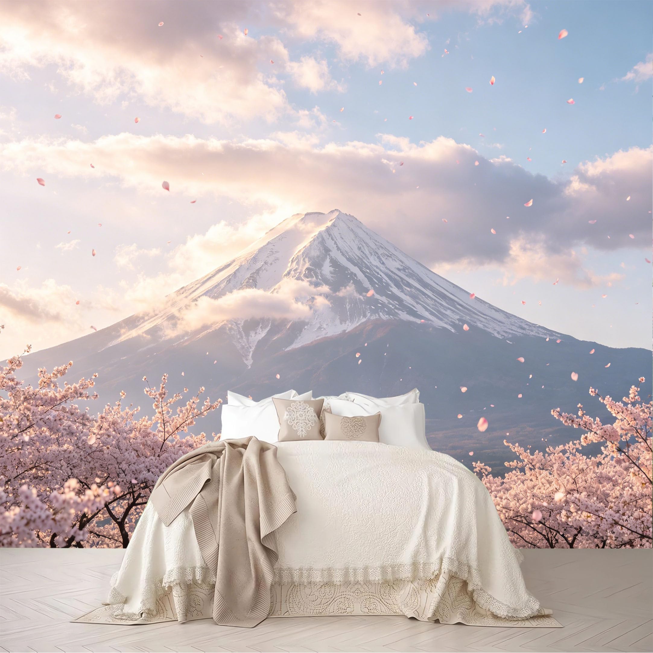 Dskjoviality Ab260706006 Custom Size Wall Mural Snow Peak Mountain Cherry Blossom Spring Landscape Removable Self Adhesive Peel And Stick Wallpaper For Bedroom Living Room Dining Room