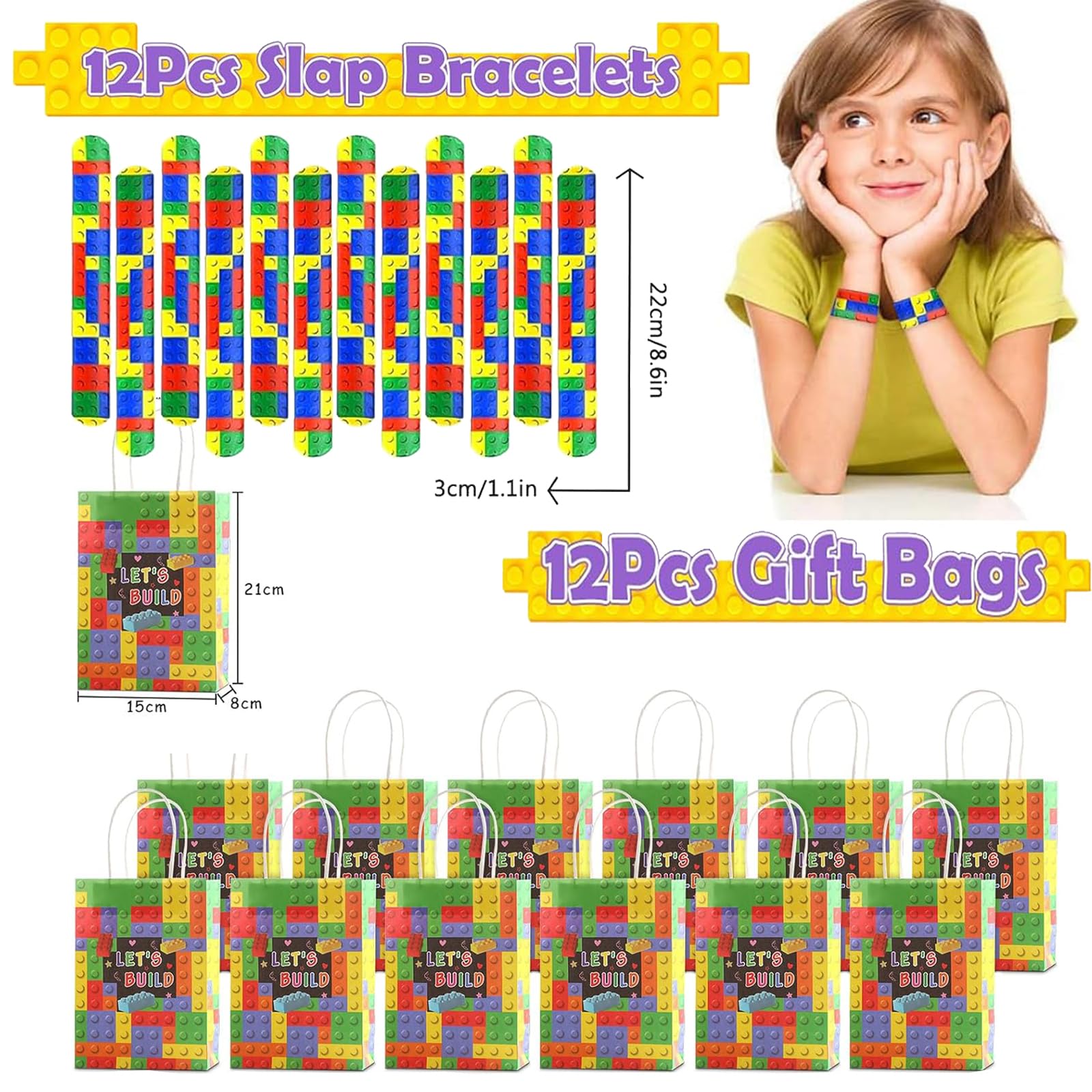 Eymobad Confezione da 86 Sacchetti per Festa con Mattoncini, Sacchetto per Festa di Compleanno per Bambini, Portachiavi con Mattoncini, Braccialetto a