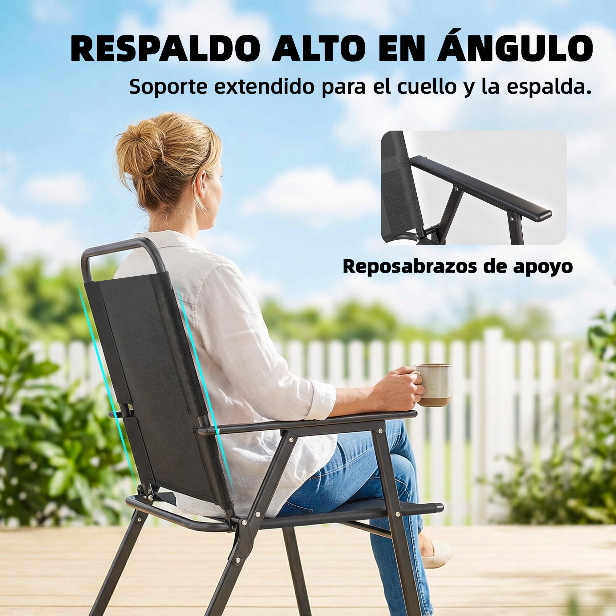 Outsunny Pack de 4 Sillas de Camping Plegables, Sillas de Jardín Exterior con Respaldo Alto, Asiento Ancho y Reposabrazos, Tela Textilene Transpirable y Marco de Acero para Terraza, 65x60x94 cm, Negro