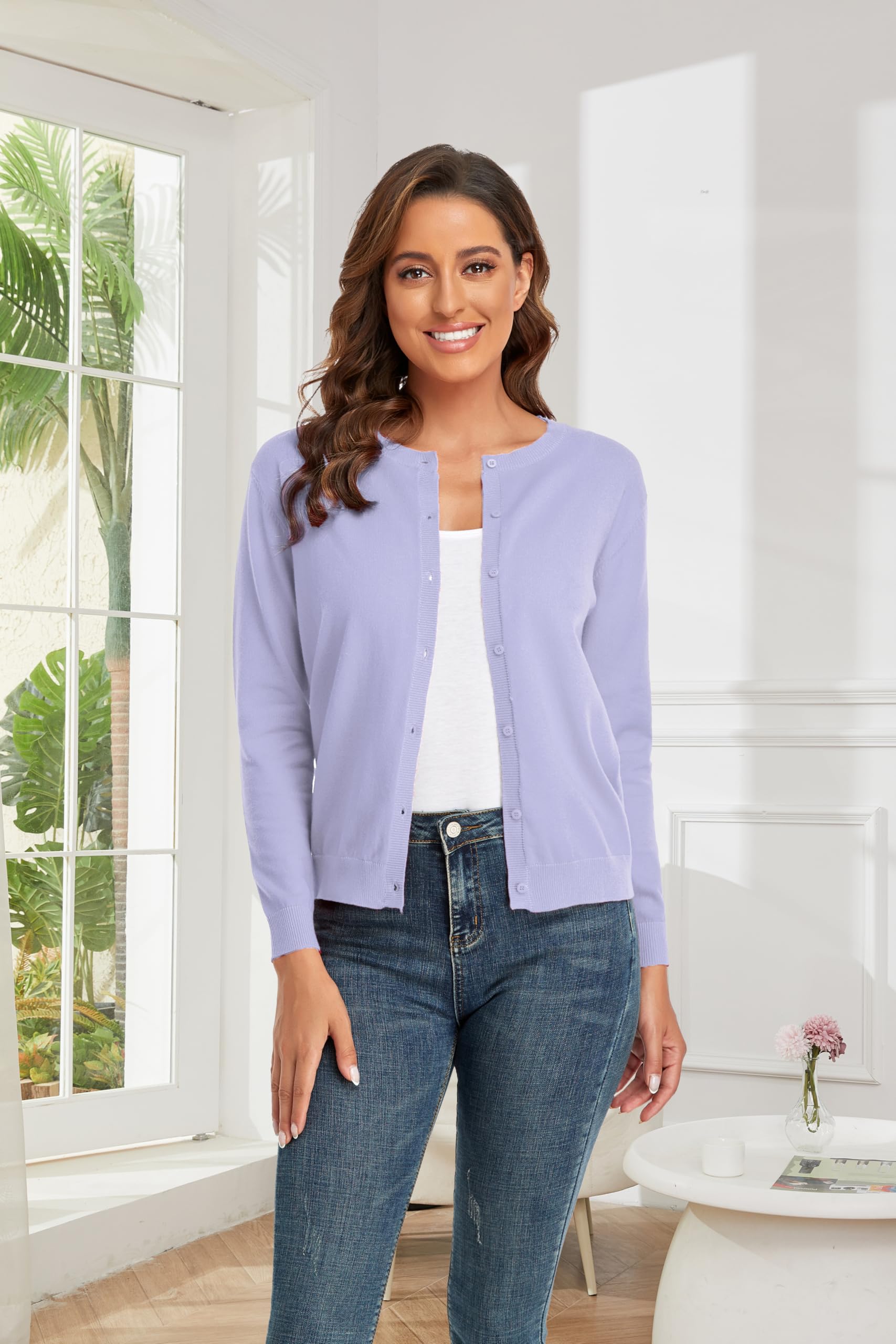 CUNYI Cardigan de Punto para Mujer Rebeca Cuello Redondo Clásico Manga Larga Chaqueta de Mujer con Botones Abrigo Elegante, Violeta M