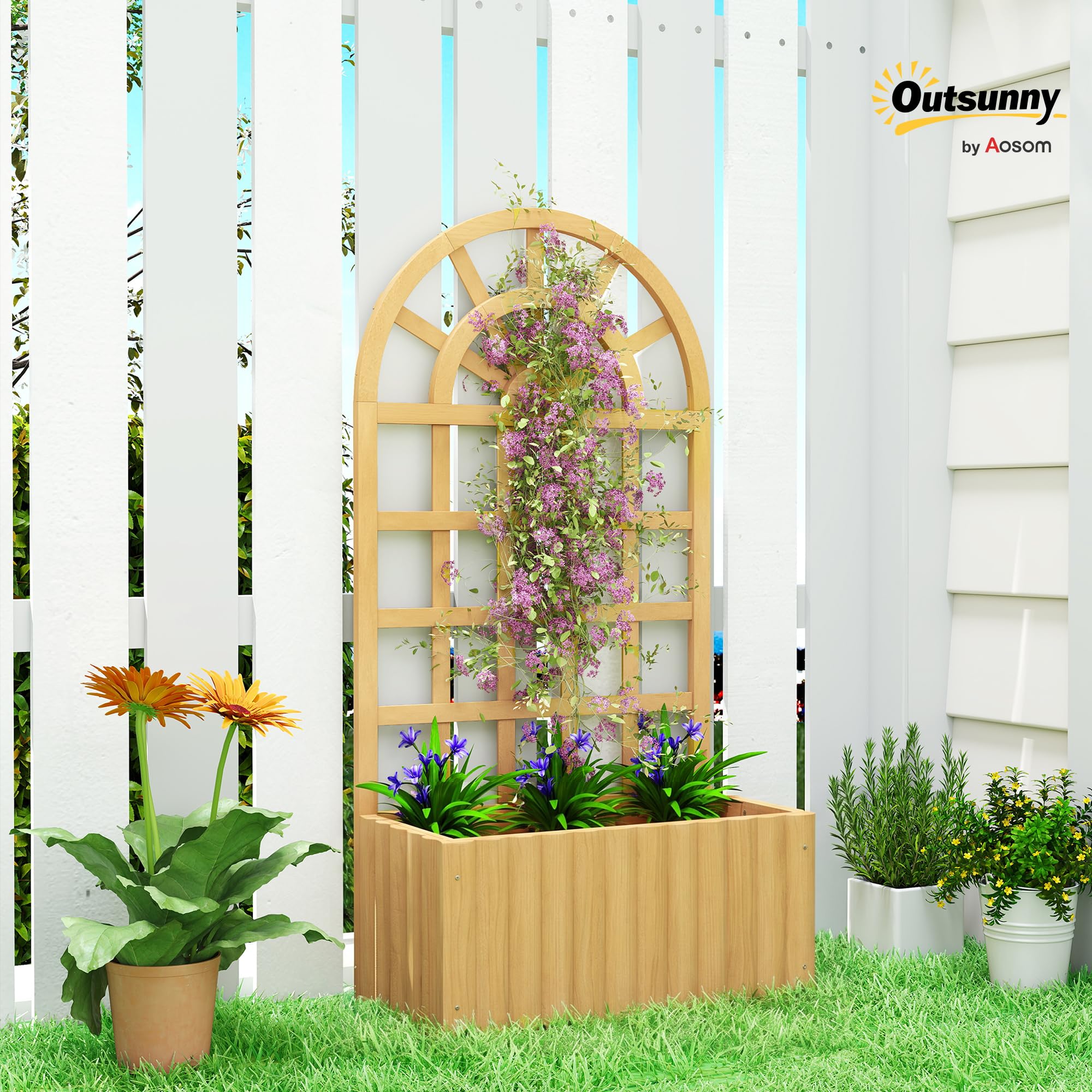 Outsunny Fioriera con griglia in legno, grande fioriera da esterno per piante rampicanti, con fori di drenaggio, vaso rialzato per giardino, patio, terrazza, 60x30x120 cm, naturale