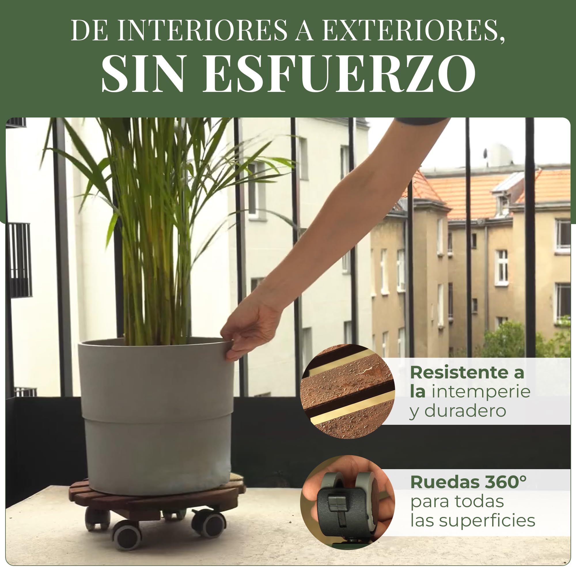 Set 2 uds Base con Ruedas para Macetas Ø 30 cm – Listones de Madera de Aliso FSC 15,5 mm de Espesor, hasta 100 kg, Ruedas 360° Silenciosas con Freno, Interior/Exterior, Resistente a UV y Humedad