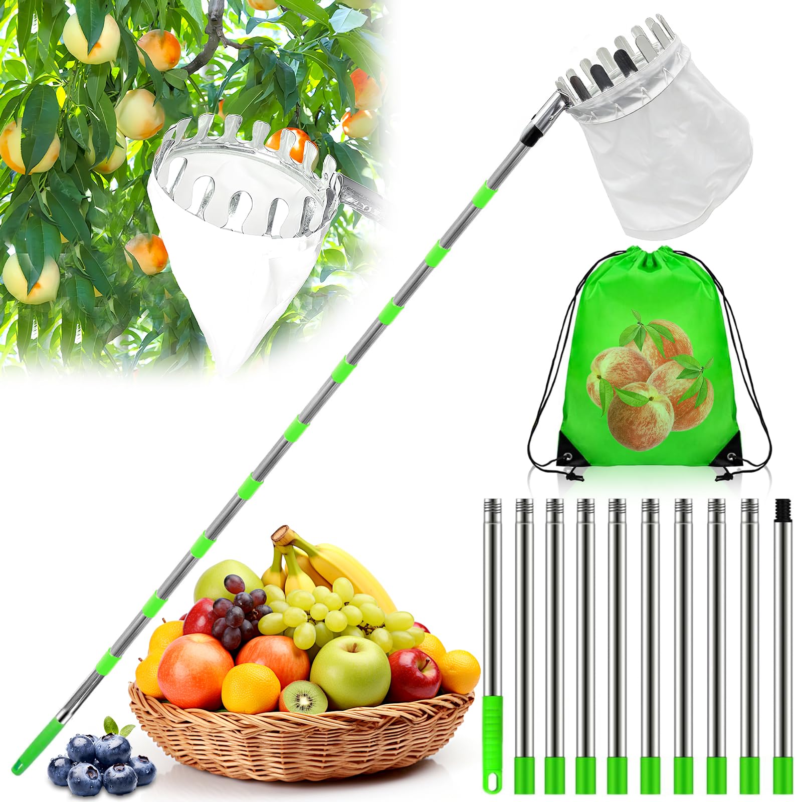 3.8M Recoge Frutas Telescopico, Recogedor De Frutas Acero Inoxidable Con Bolsa De Tela, Recogedor Recolector De Frutas Para Manzanas, Naranjas, Peras, Cítricos