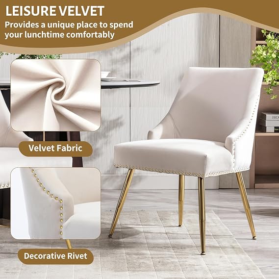 KCC Velvet Dining Room Chairs Set of 2 Nailhead Back with Gold Legs,Beige