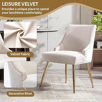 KCC Velvet Dining Room Chairs Set of 2 Nailhead Back with Gold Legs,Beige
