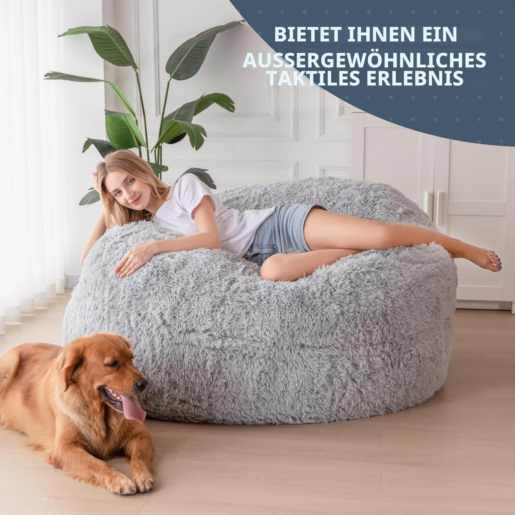 MAXYOYO Riesiges Sitzsackbett – umwandelbar vom Sitzsack zum Bett – großes Sofa mit Plüschbezug und Flauschiger Füllung im Lieferumfang enthalten, für Erwachsene, Paare, Gäste (Grau, Doppelt)