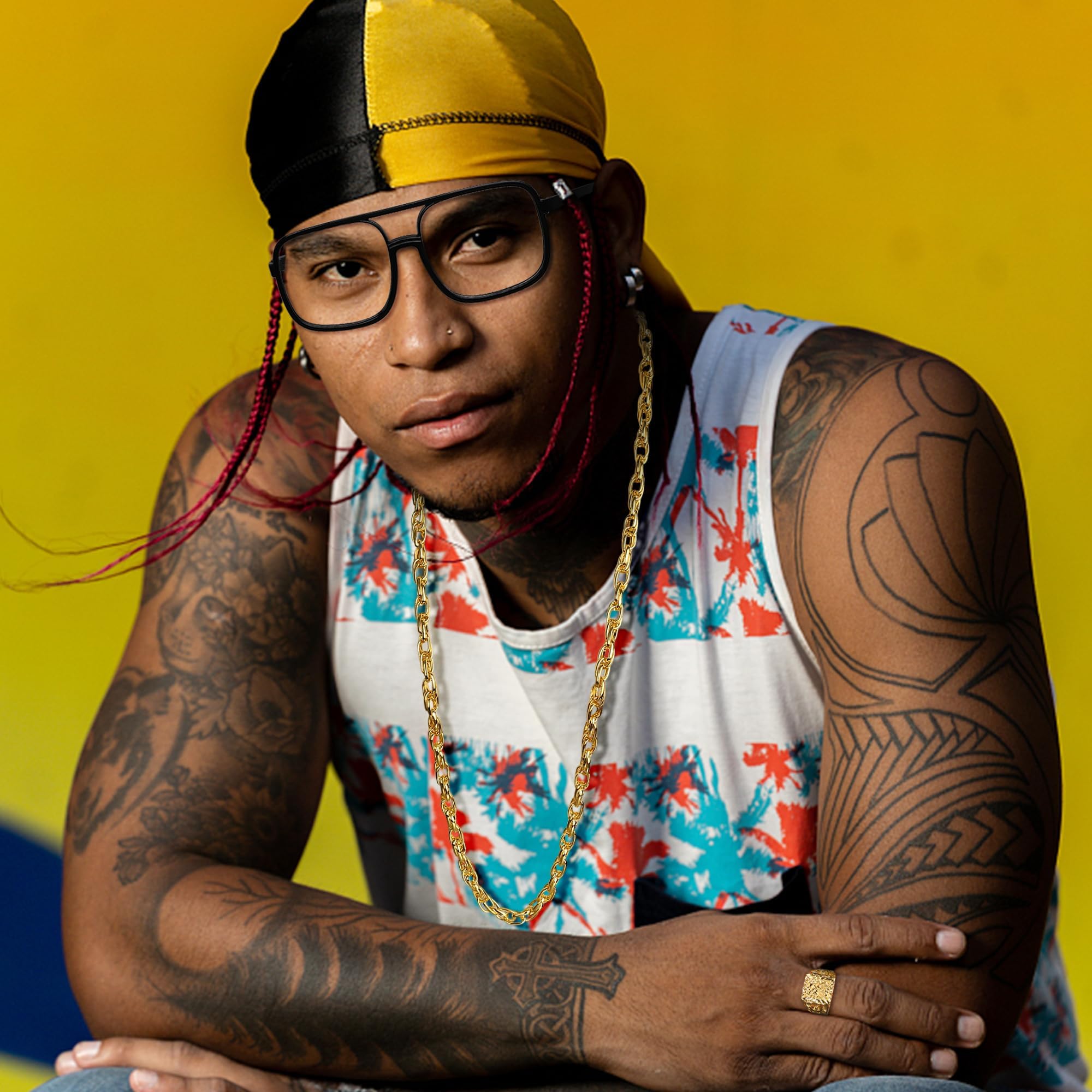 Diamday 80s 90s Kit de Costume Hip Hop Fausse Chaîne d'argent en Or Lunettes de Soleil Rapper Punk Boucles d'oreilles en Or Bracelets Chian Deguisement Annee 80 Homme