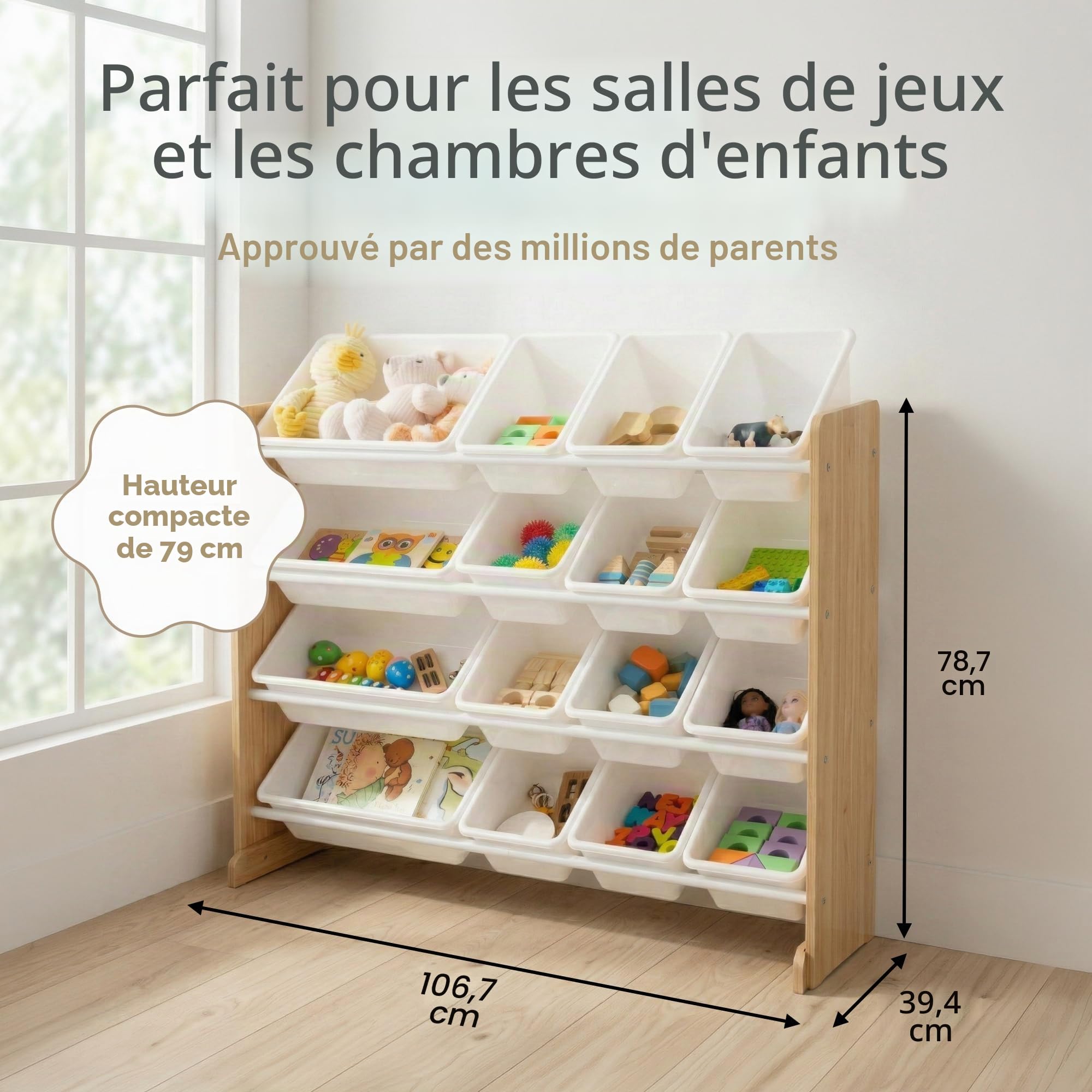 Humble Crew WO166 Étagère pour Enfants - Organisateur de Jouets avec 16 Bacs de Rangement, Naturel/Blanc