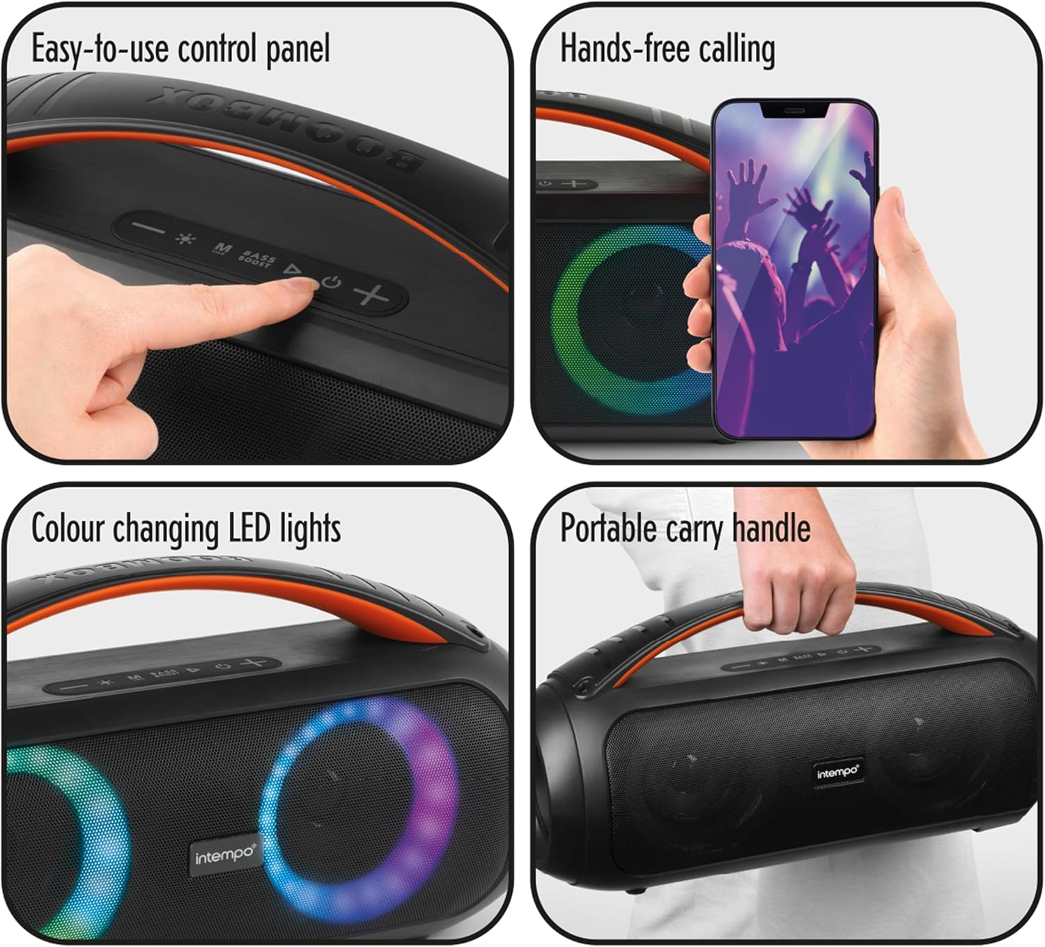 Close-up of speaker features: control panel, hands-free calling, LED lights, portable handle