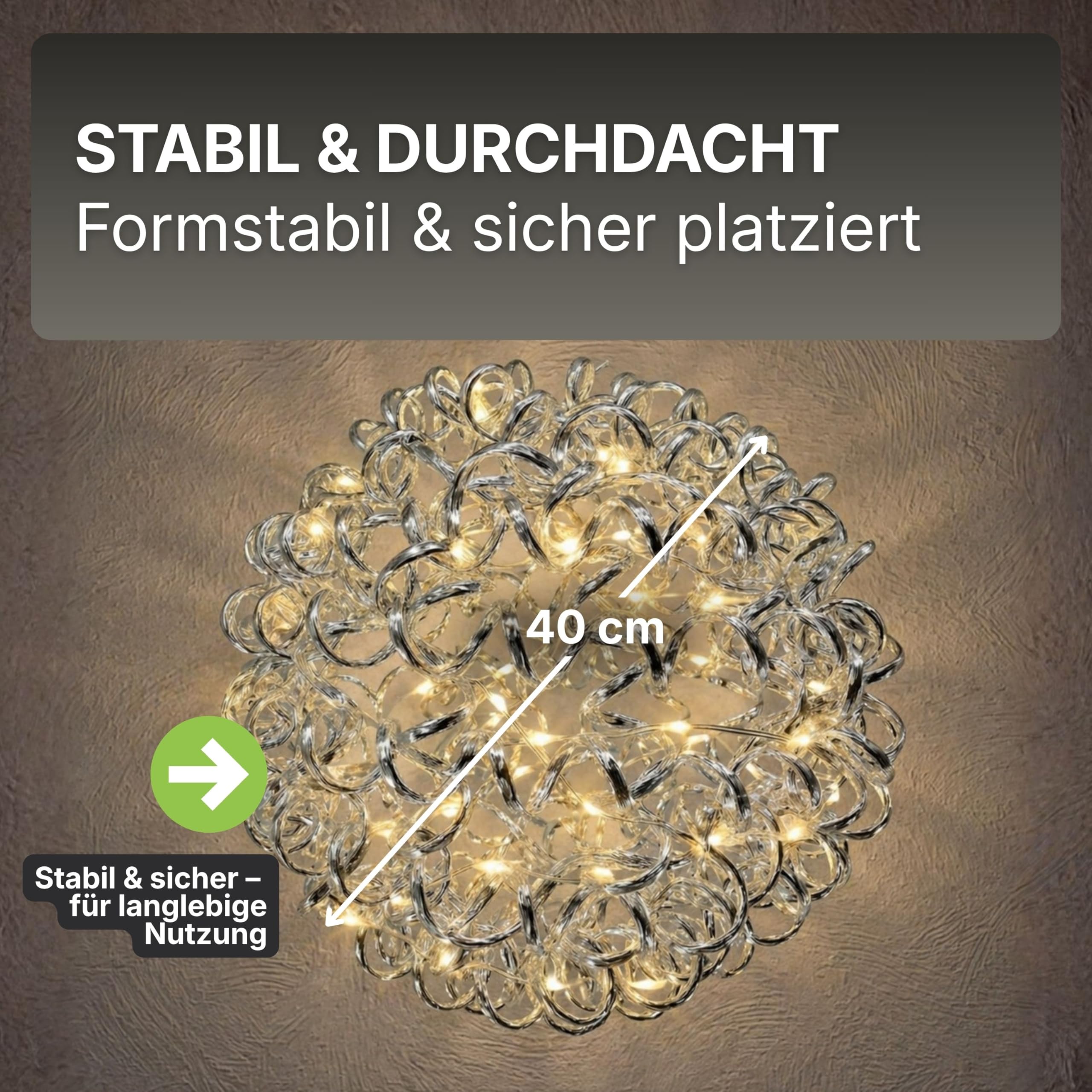 Gartenpirat Kugel 40 cm aus Silberdraht Aluminium 200 LED warmweiß mit Timer Weihnachtsdeko für Innen & Außen