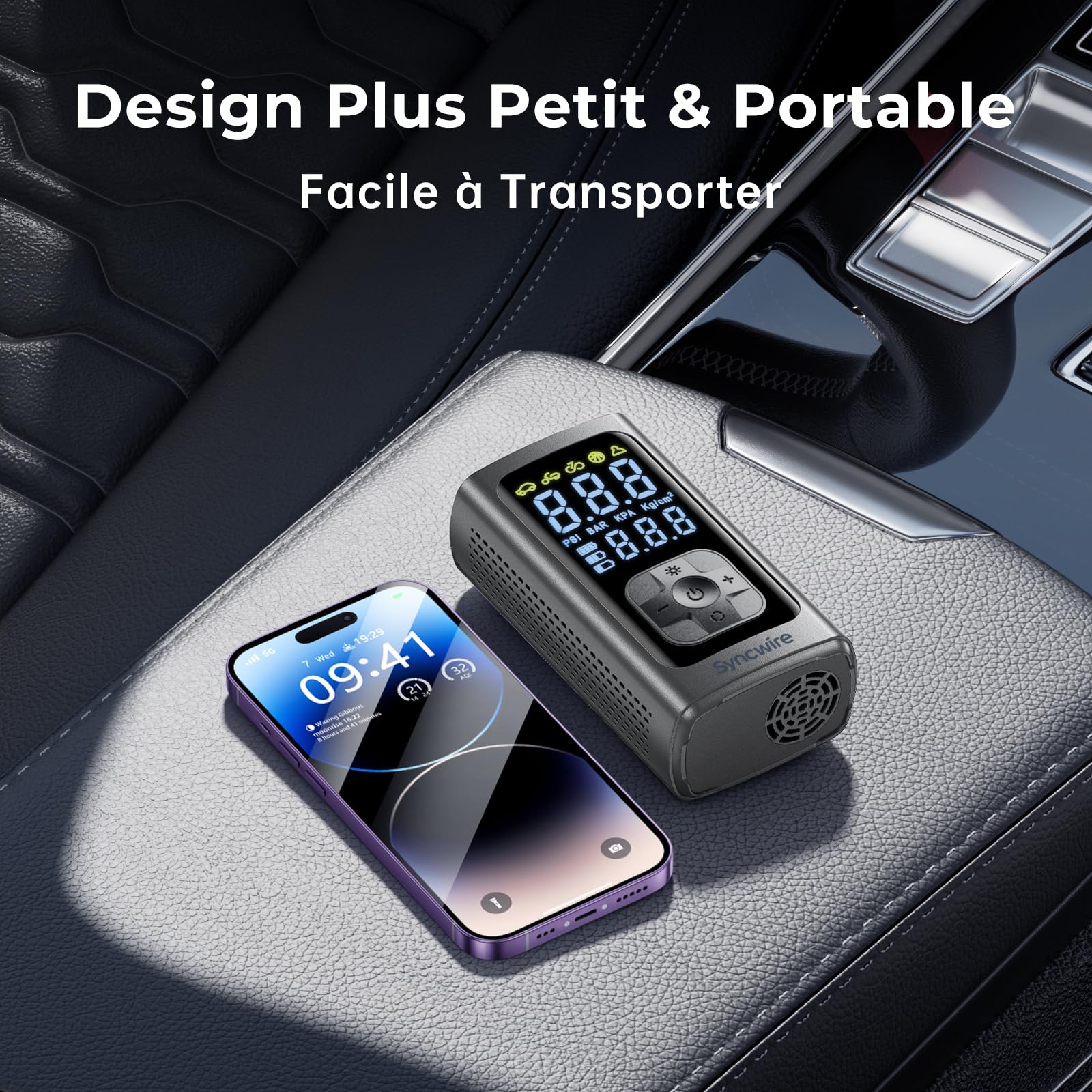 Syncwire Compresseur à Air Portatif - 10.35Bar Rapide Pompe à Air à Gonflage Pompe Gonfleur Pneus Voiture Car Inflator pour Voiture, Vélos, Motos, Balles, avec Bouchons de Valve de Pneu, Grand LCD