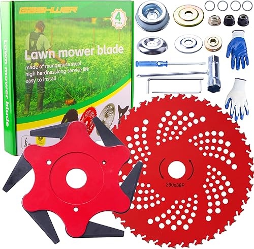 Cuchillas con punta de carburo de 9 x 36 dientes y cabezal de recortadora de acero, 6 maquinillas de afeitar de acero 65Mn con kit de adaptador