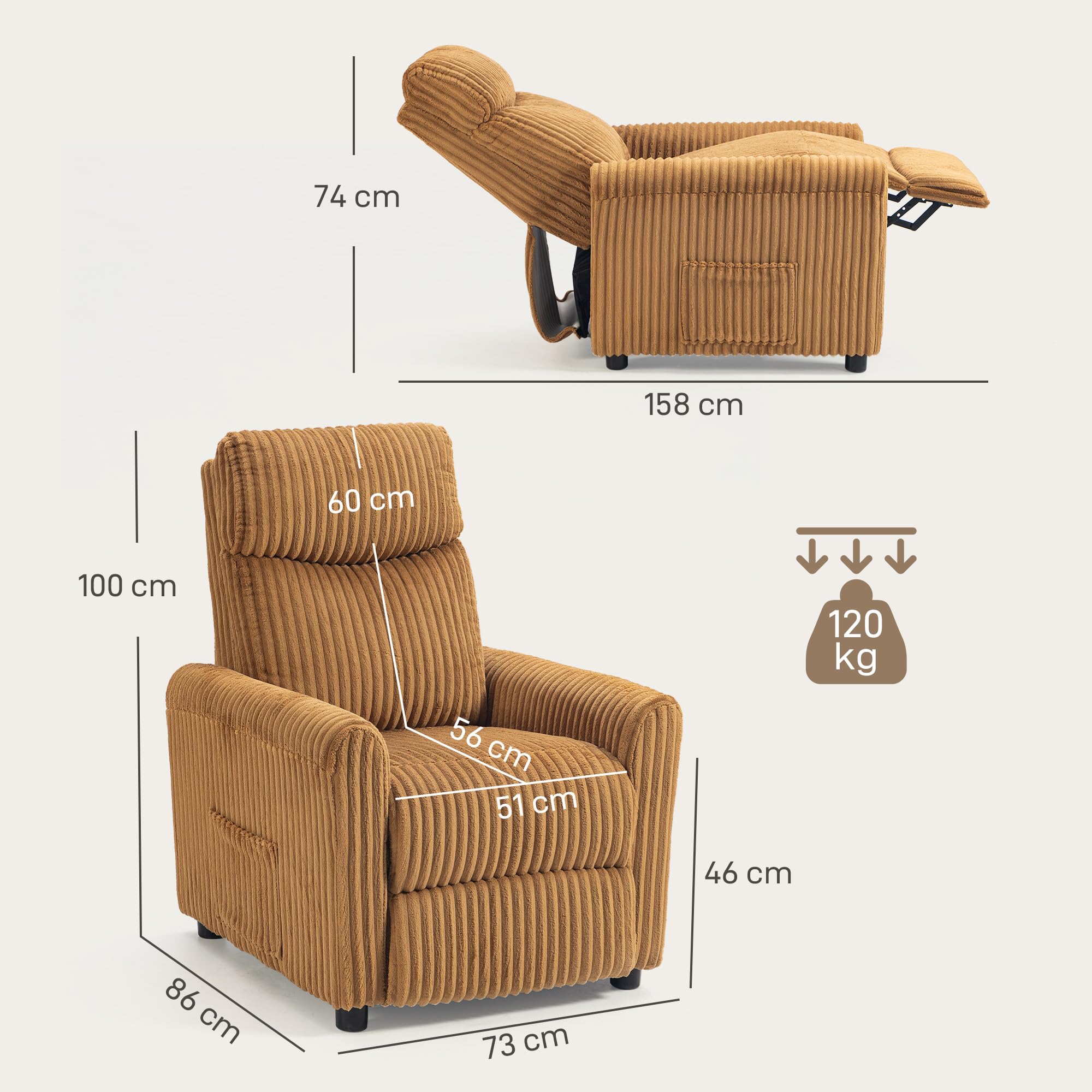 HOMCOM Poltrona Relax Reclinabile, Poltrona reclinabile Manuale, Imbottita in velluto a coste Installazione rapida, Poggiapiedi imbottito spesso, per soggiorno, camera da letto, ufficio, marrone