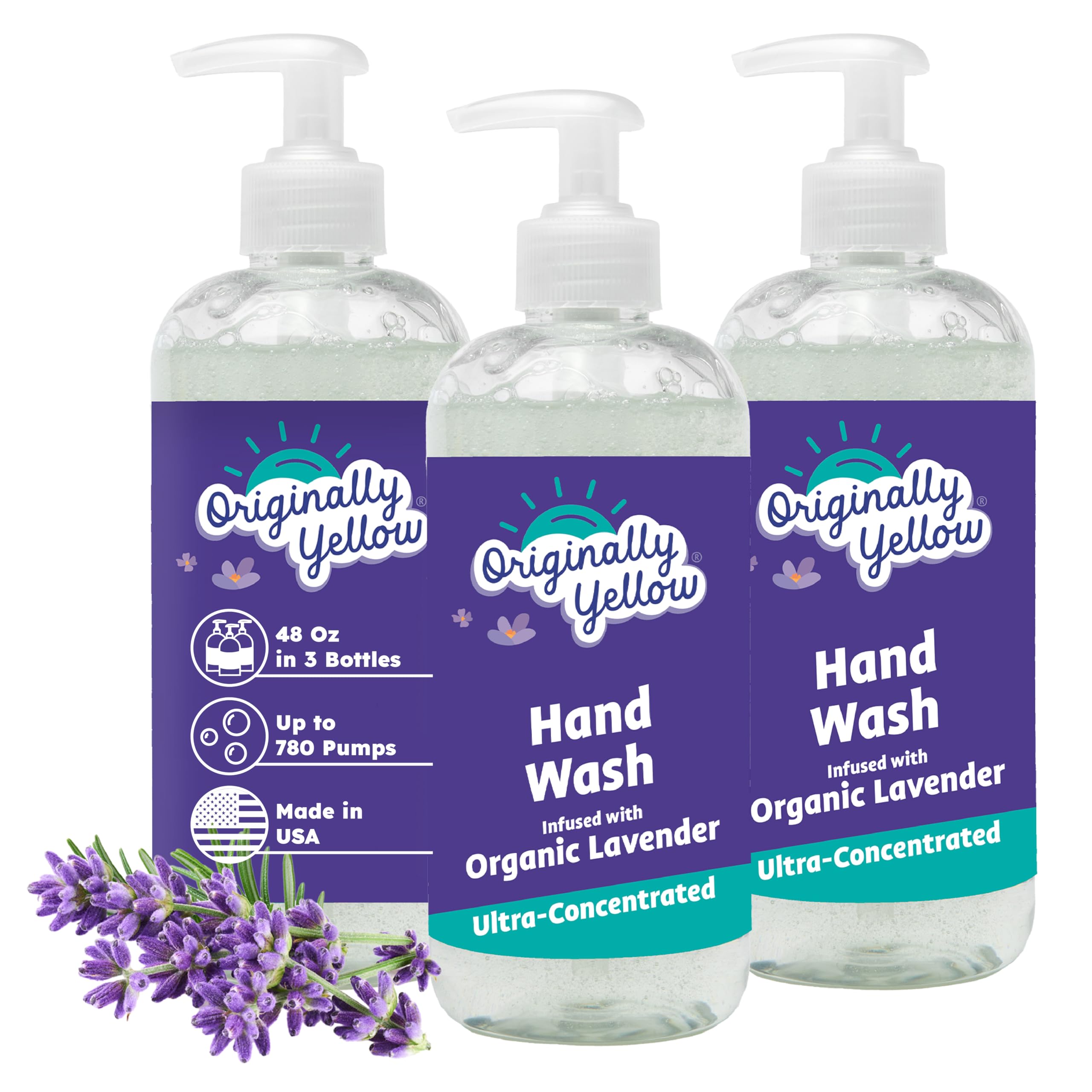 Originally Yellow Plant-Based Hand Soap All Natural Infused with Organic Lavender | Gentle Natural Hand Soap | Pet & Baby-Safe Soap, 16 Fl Oz (3-Pack)