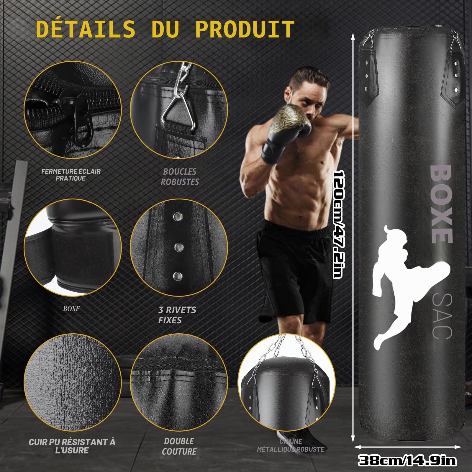 Sac de boxe pour adulte 120 cm pour garçon et enfant unisexe pour intérieur et jardin avec gants de boxe, enveloppes, chaîne, crochets de plafond pour MMA Grappling Muay Thai
