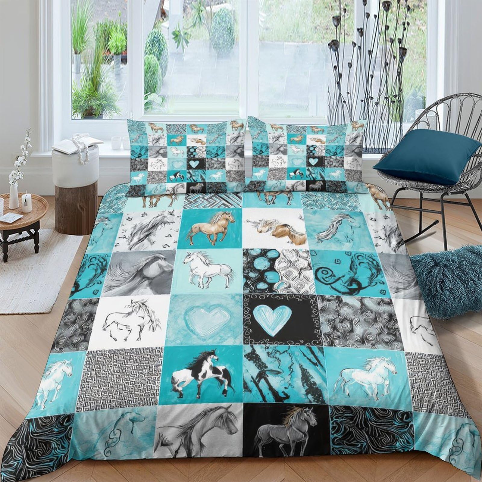 GPLZQXKJNH 3D Printed Horse Patchwork Duvet Cover Microfiber Soft Breathable Heart Motif Bedding Set with 2 Pillowcases for Bedroom Decor Single（135x200cm）