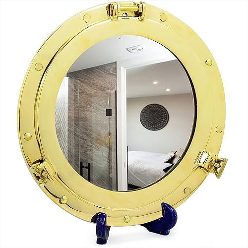 Espejo con marco de ojo de buey pulido de latón macizo de 12 pulgadas, ideas de decoración para colgar en la pared del baño, hermosas esculturas