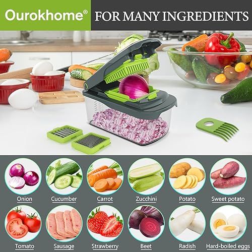 Miniatura 8 de Ourokhome Cortador de verduras con contenedor, cortador manual de alimentos de mano con 2 cuchillas de cortar para tiras de papa, cubos de cebolla,