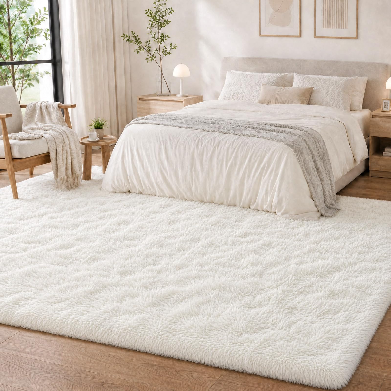 Hochflor Teppich Wohnzimmer 140x200cm, Creme Fuzzy Shaggy Flauschiger Teppich für Schlafzimmer Teppiche, Modern Plüsch Wohnzimmerteppich Bettvorleger High-Pile Carpet rutschfest für Kinderzimmer