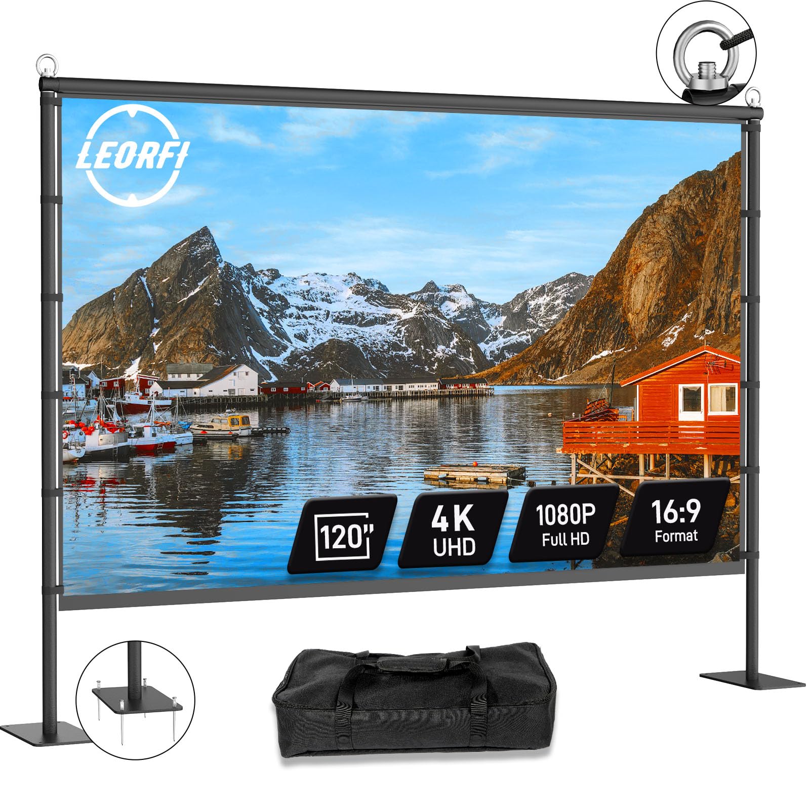 Schermo per Proiettore con Supporto LEORFI 120 Pollici Portatile - Base Rinforzata, Superficie HD 4K 16:9 Senza Piega - Proiezione Frontale/Retroproiezione - Con Borsa da Trasporto