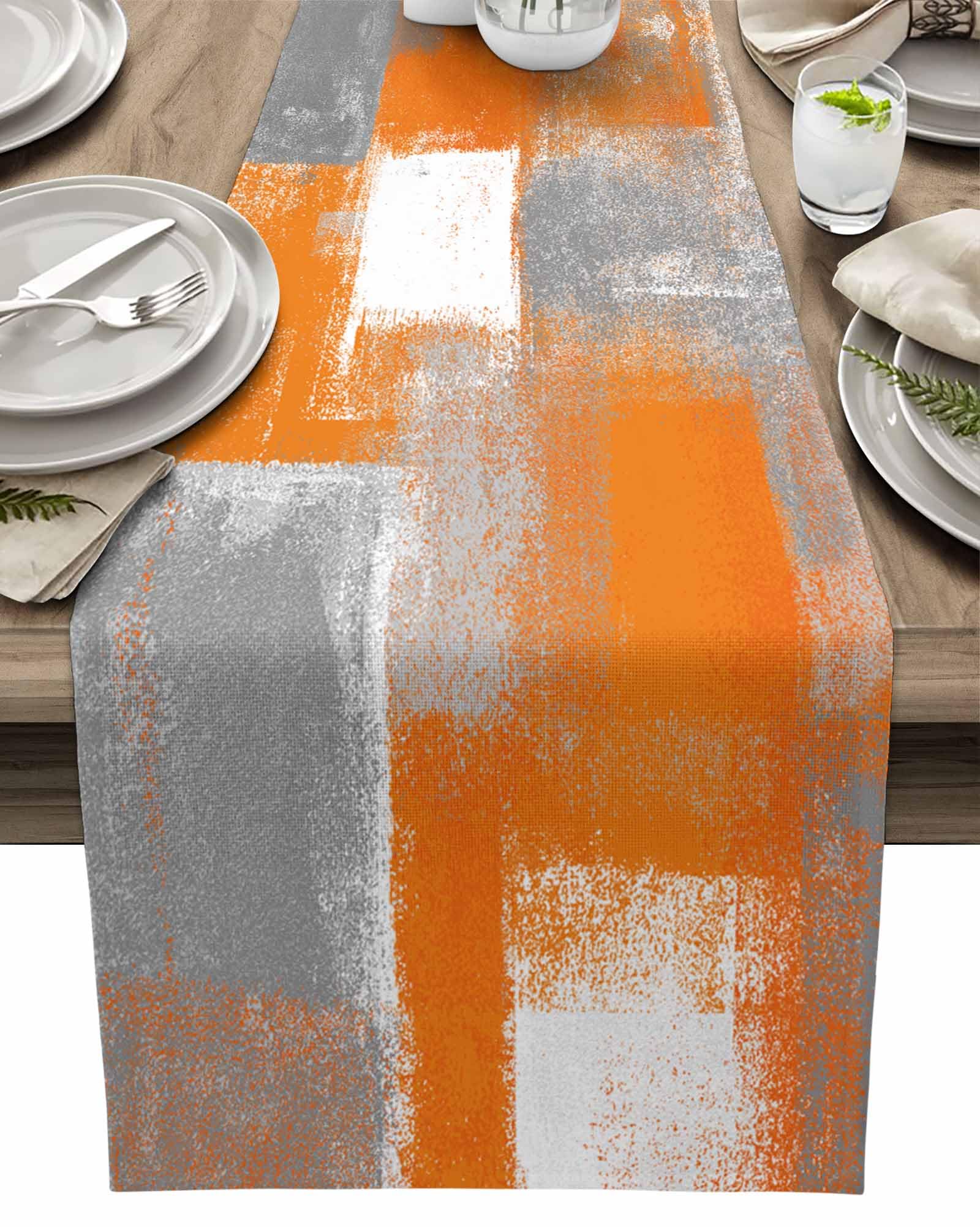 Tweetybed Orange Burnt Table Runner 70 Inch Long Fall And Gray Modern Dinner Runners Farmhouse Dresser Scarf Grey Abstract Art Non-Slip Runners For Dining Table Holiday Parties Banquet