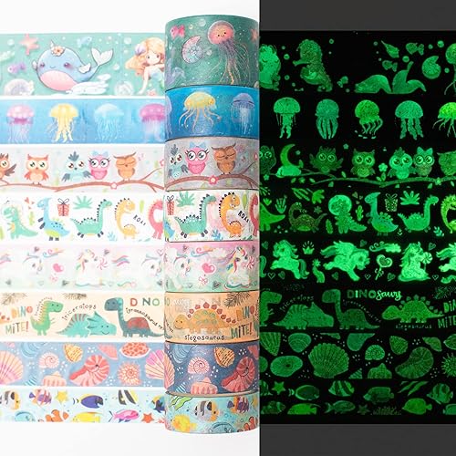YUBX Cute Creatures - Juego de 8 rollos de cinta adhesiva decorativa luminosa que brilla en la oscuridad para artes, manualidades, diarios, YUBX Cute Creatures - Juego de 8 rollos de cinta adhesiva decorativa luminosa que brilla en la oscuridad para artes, manualidades, diarios,