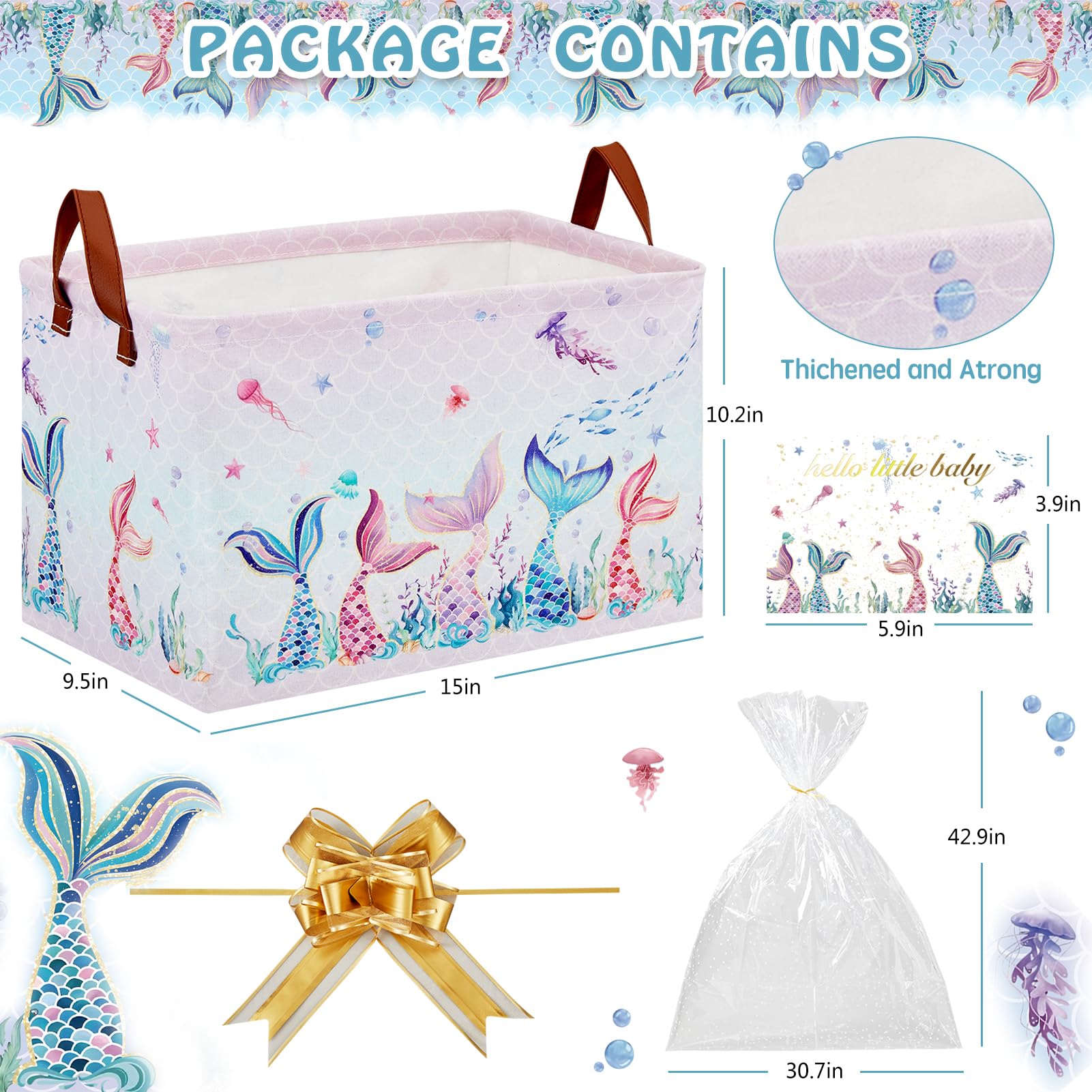 Pink Mermaid Baby Gift Basket with Gift Bags, Greeting Card and Ribbons Girl Storage Diaper Bag Baskets for Gifts Empty Toy Bin with Handles for Baby Shower Birthday Party(Mermaid Pink)