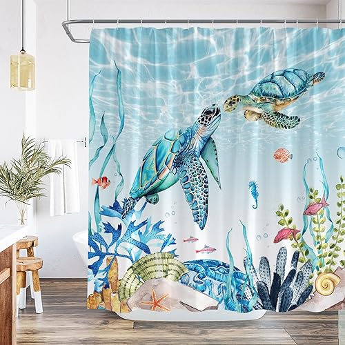 Cortina de ducha de tortuga de mar verde, divertida vida marina, océano, playa, coral, concha, estrella de mar, animales, tema náutico, tela de