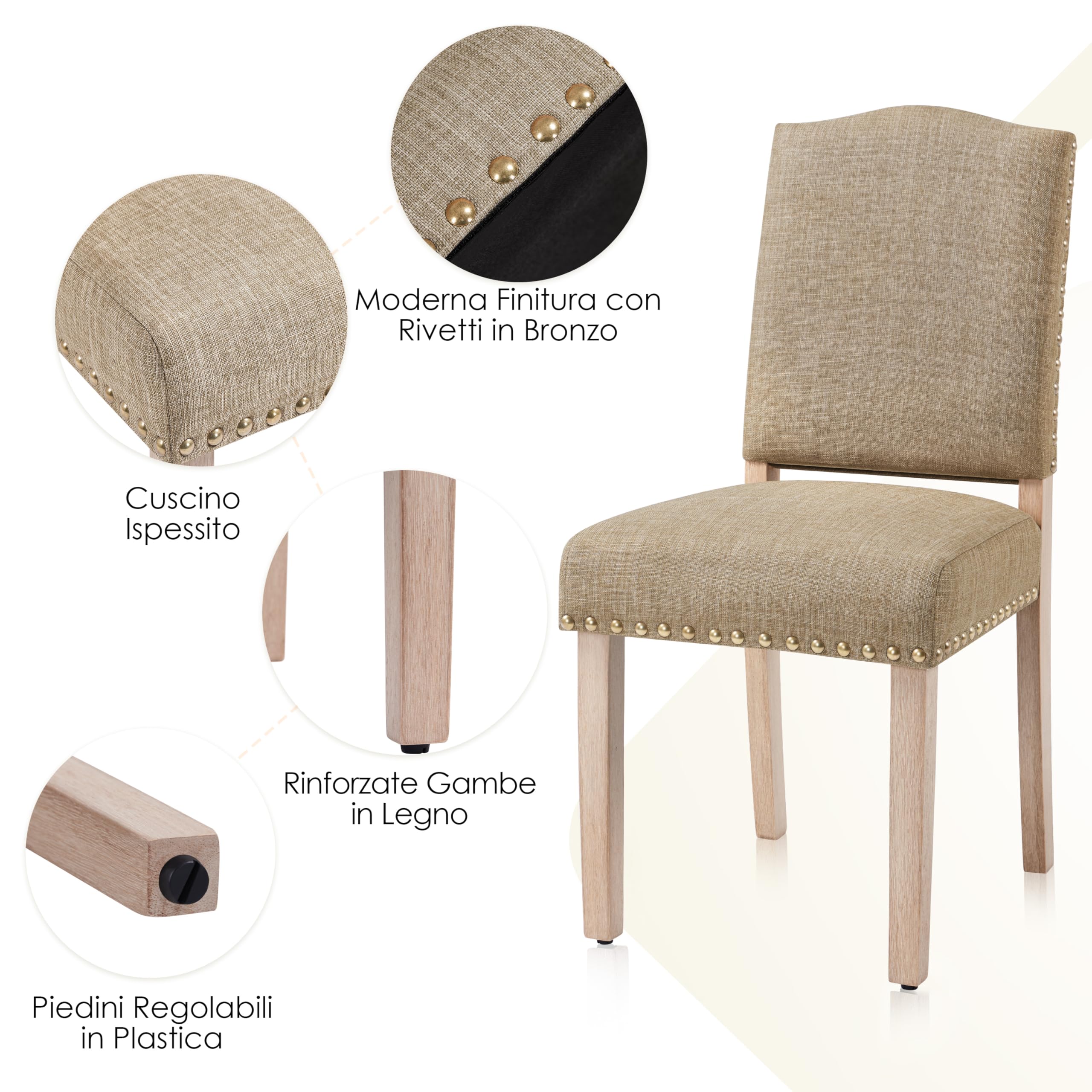 Yaheetech Set 4 Sedie da Pranzo Imbottite in Tessuto con Gambe in Legno | Cachi, Design Classico Elegante, Gambe in Legno, Ideali per Cucina e Soggiorno, Schienale Ergonomico e Comfort Quotidiano