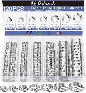 Qibaok 120PCS 304 Stainless Steel Hose Clamps Assortment Kit, Worm Gear 1/4"-1-1/2" for Plumbing, Automotive, Fuel Lines, Marine & Garden