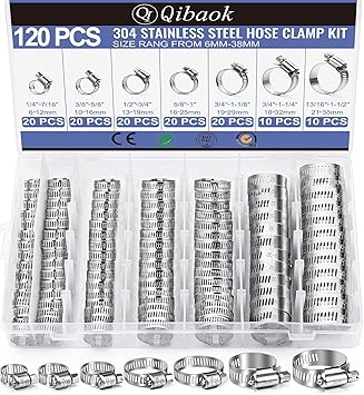 Hose Clamp- Qibaok 120 PCS Stainless Steel Hose Clamps Assortment Kit 1/41-1/2 Worm Gear Clamps for Fuel Line, Plumbing, Automotive, Mechanical Applications, Pipe, Tube, Radiator, Garden