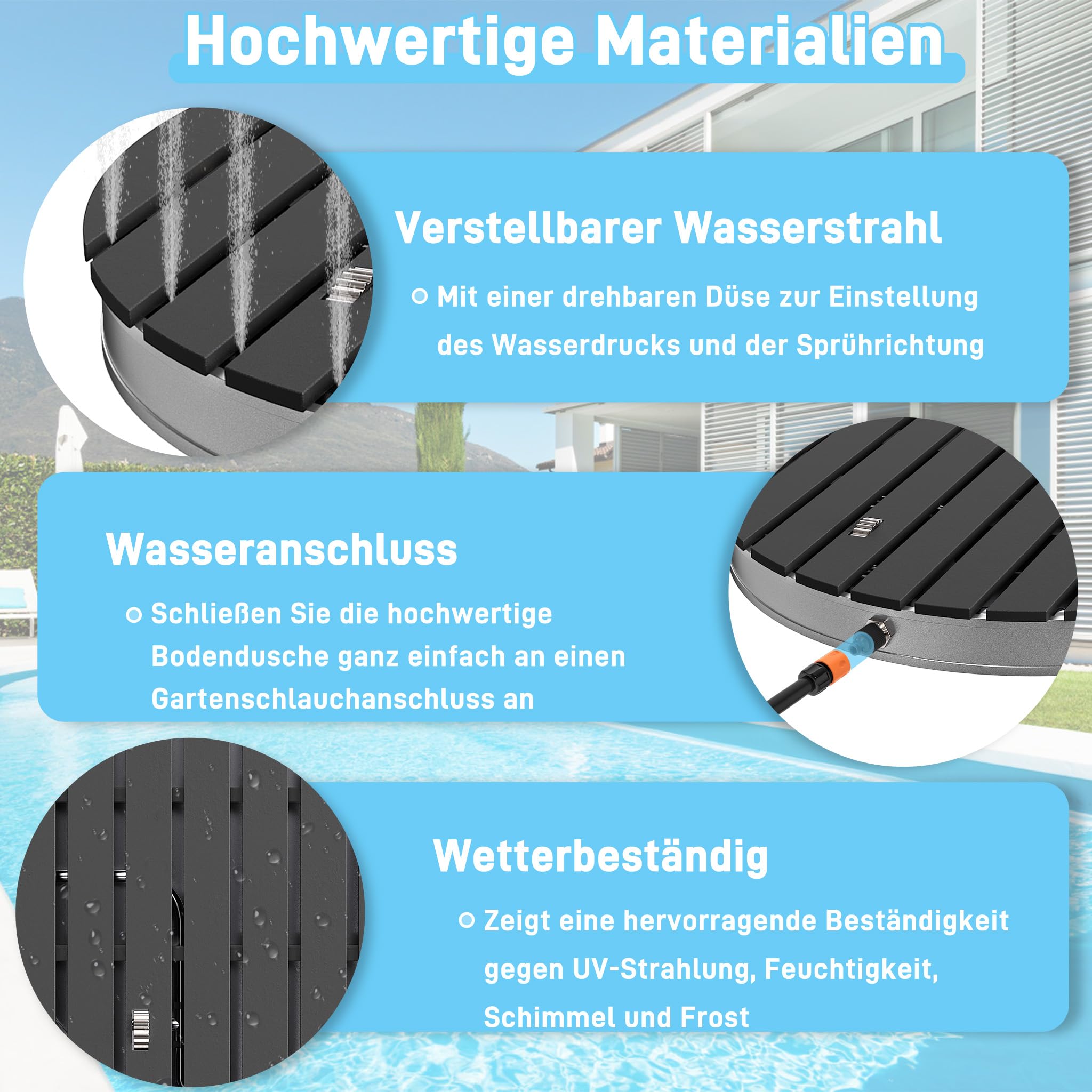 AufuN Gartendusche Aussendusche aus WPC/Aluminium, Mobile Bodendusche Campingdusche mit rutschfeste Standfläche Saunadusche (Runden, Anthrazit)