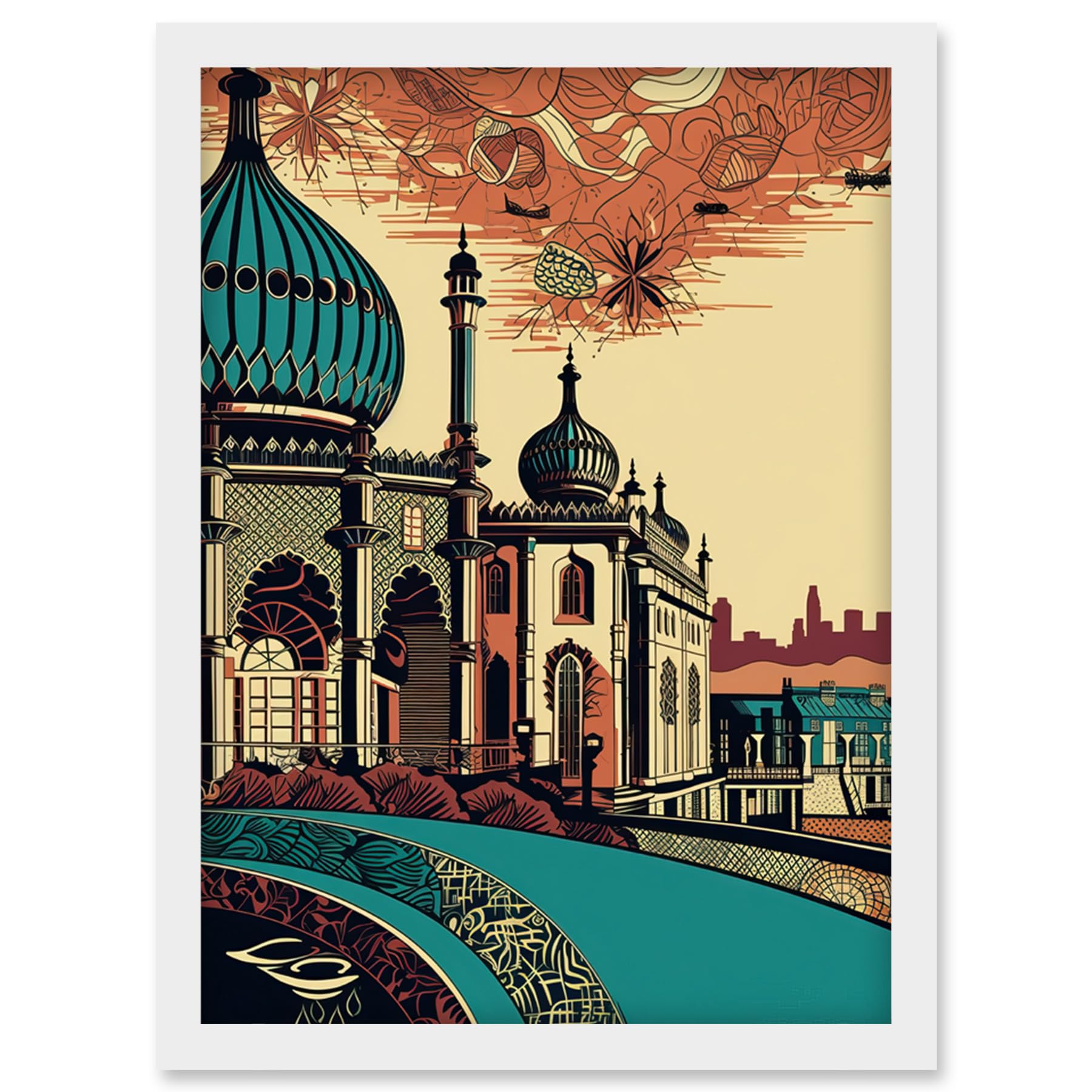 Artery8 Brighton City Royal Pavilion Ornate Illustration Artwork Framed Wall Art Print A4