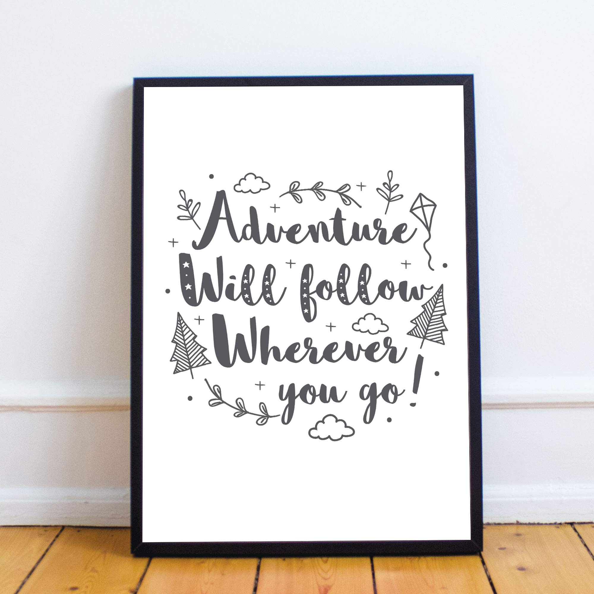 RED OCEAN Cute Boys Bedroom Print Boys Bedroom Wall Art Decor Grey Nursery Print Baby Gift Keepsake (A4 Print with Black Frame - Adventure Will Follow White Grey)
