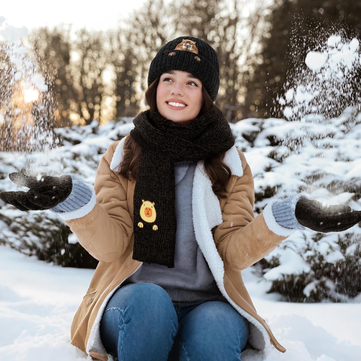 Jecery Winter Knit Hat Warm Beanie Long Scarf Touch Screen Gloves Set Knit Long Neck Scarves Skull Cap Gloves for Women Men - Image 5