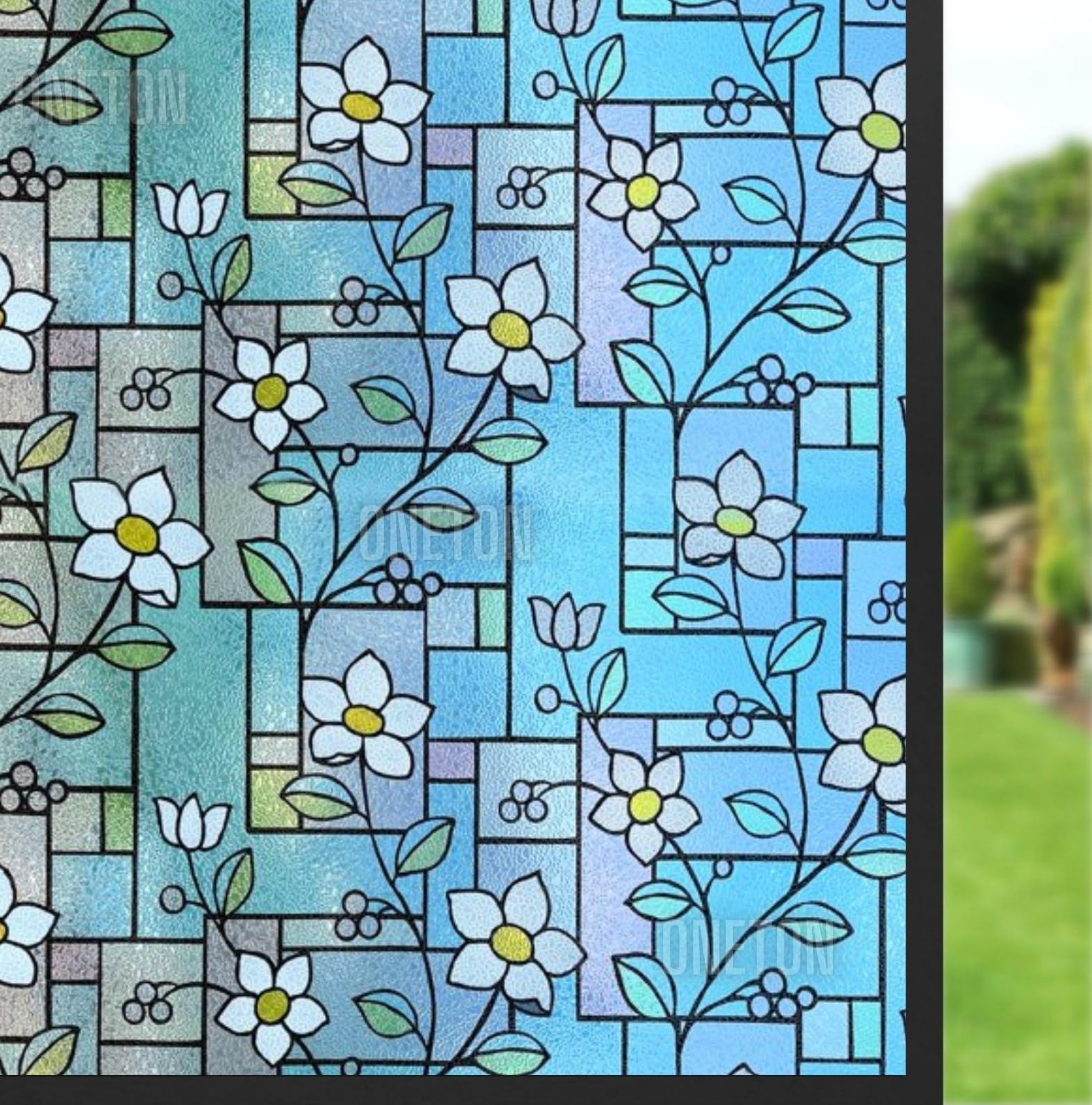 ONETON Frosted Glass Window Film Self Adheisve Decoartive Window Privacy Sheet Film UV Control Static Cling Removable Vinyl Frosted Privacy Film 24x200 Inch Blue Flower