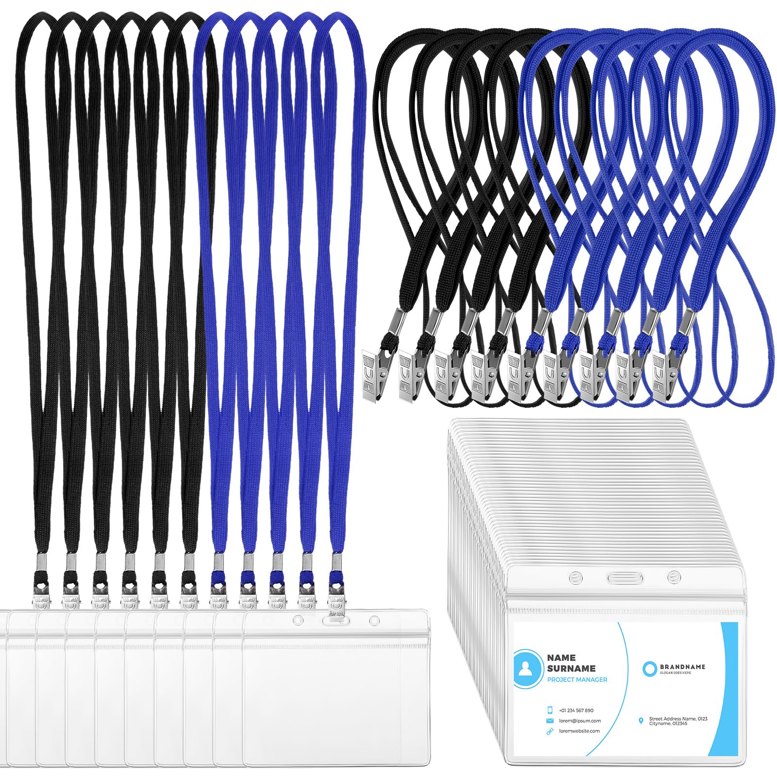 Marspark 100 Sets Clear Name Tags with Lanyard, Lanyards for ID Badges Reusable Strap with ID Holder Plastic Name Badges for Adults Business School