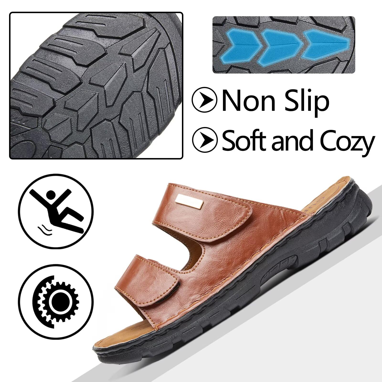 Herren Pantoletten aus Leder mit Klettverschluss, Bequeme Herren Sandalen mit Verstellbarem Riemen, Rutschfester Sohle, Komfort Sommerschuhe für Alltag & Freizeit