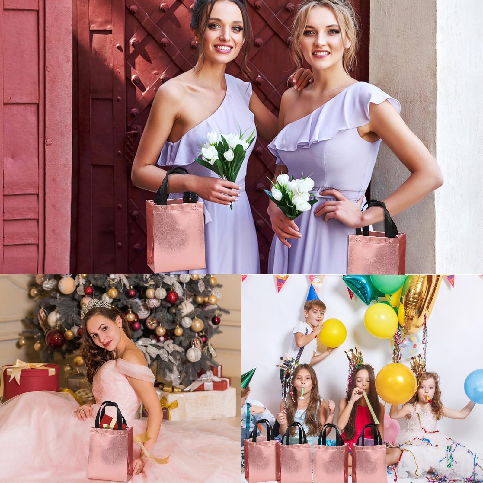 PSPIKXEG Paquete de 20 bolsas de regalo brillantes de color rosa intenso con asa, bolsas de regalo de dama de honor de tamaño mediano, bolsas a granel, bolsa de regalo de despedida de soltera, bolsas