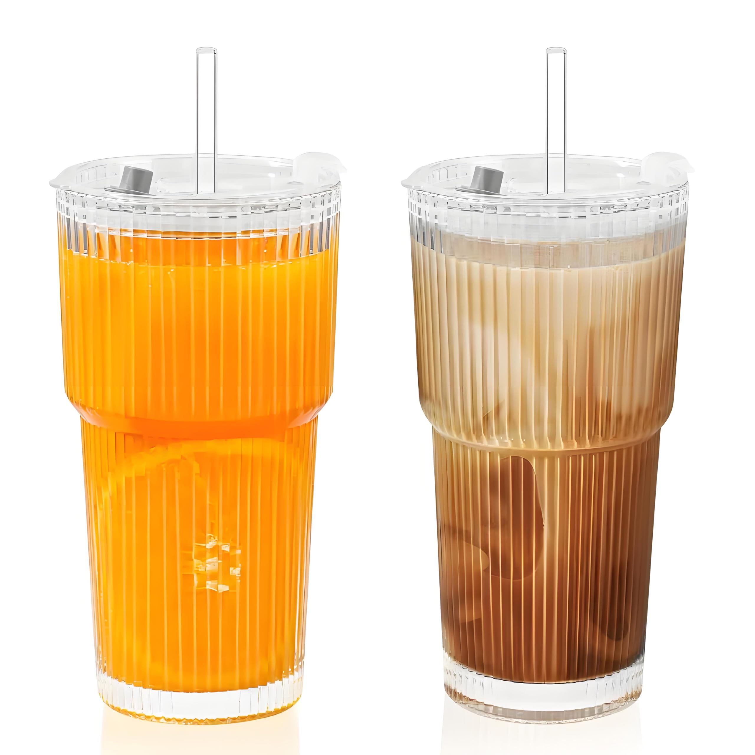 2 Pack 20 Oz Glass Cups with Lids and Straws Iced Coffee Cups Vintage Ribbed Glassware for Beer Ice Coffee Fruit Juice Elegant Aesthetic Cup Glass Iced Coffee Tumbler Include 2 Cleaning Brushes