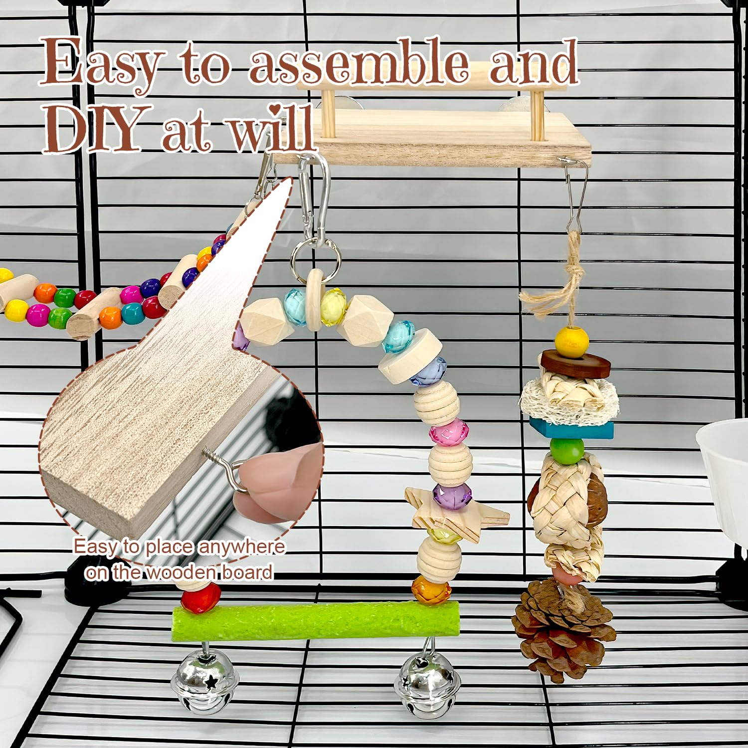 5 in 1 Sittich Spielzeug Set: Abnehmbarer Vogelspielplatz mit Holzsitzstange, Schaukel, Leiter & Plattformkäfig Zubehör für Nymphensittiche, Sittiche, Wellensittiche und Finken