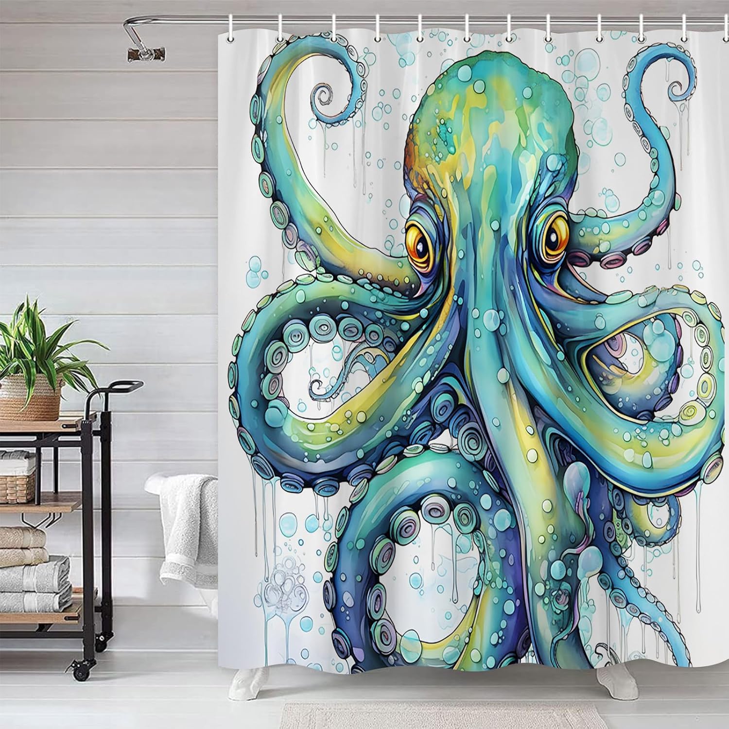 Octopus Shower Curtain Blue Teal Sea Kraken Ocean Theme Funny Underwater Marine Life Tentacle Animal Bath Curtains with Hook 90x70 Inch